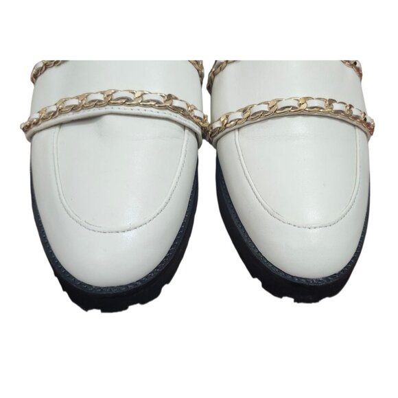 Karl Lagerfeld Paris Womens Loafers 8/38.5B Cream Leather Gold Chain Trim Chunky - Picture 4 of 10